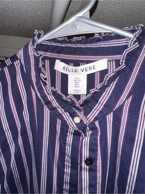 Belle Vere Navy and Pink Striped Ruffle Collar Blouse